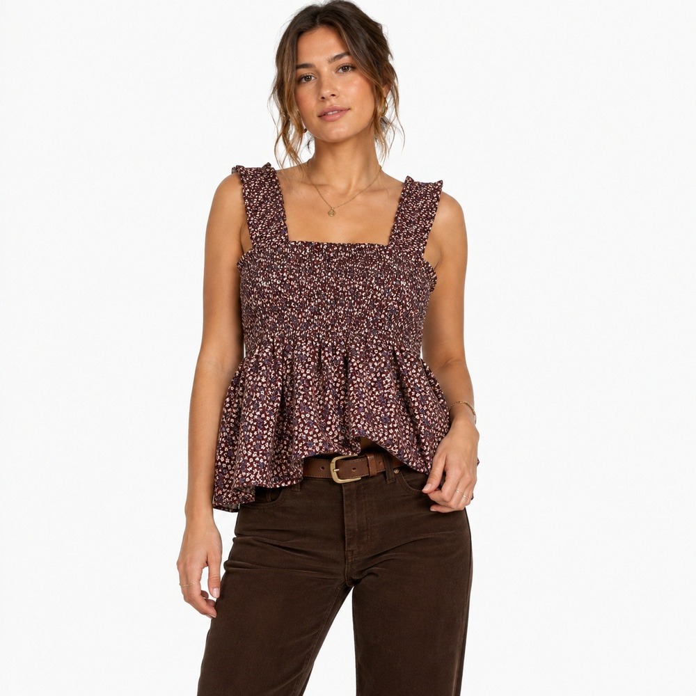 Pleione Smocked Ditsy Floral Peplum Tank Top Burgundy Boho Ruffle Strap Size M